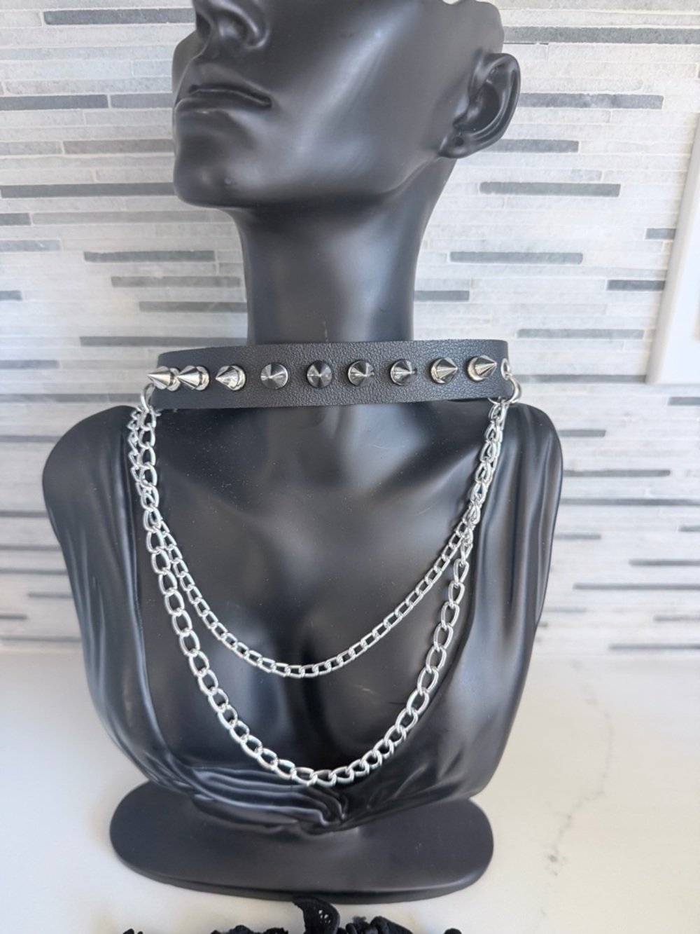 Black Studded Leather Choker with Silver Chain Layers + mesh arm warmers sleeves